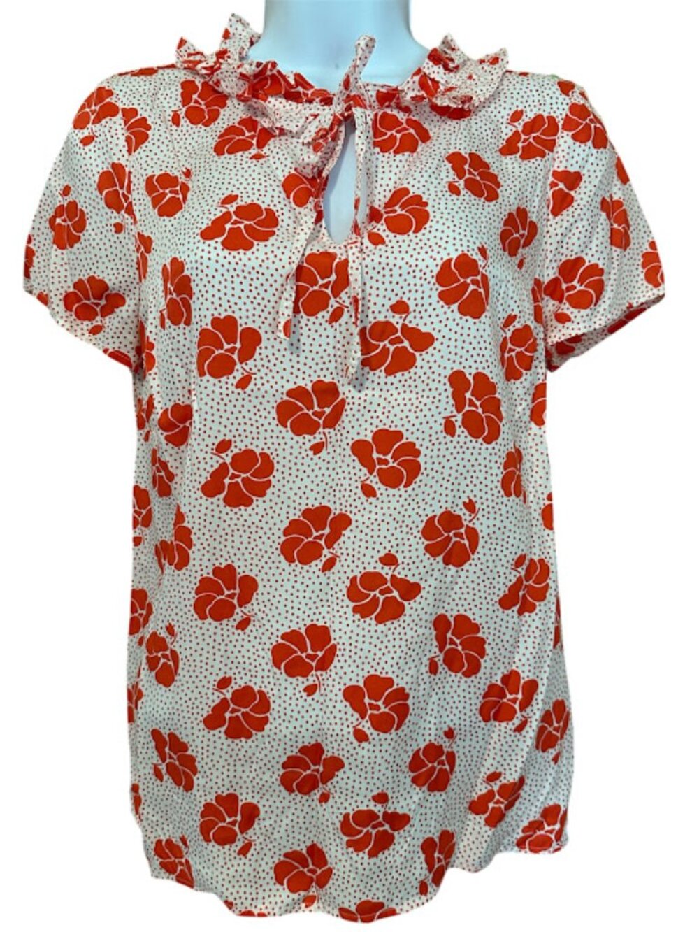 Boden Silk Peach/Red Floral Print Short Sleeve Ruffled Neckline Top - Size US 4 - Picture 6 of 6